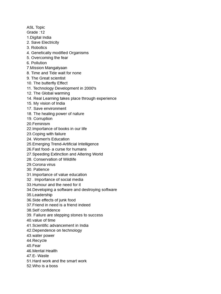 ASL Topics for Grade 12 Students | PDF