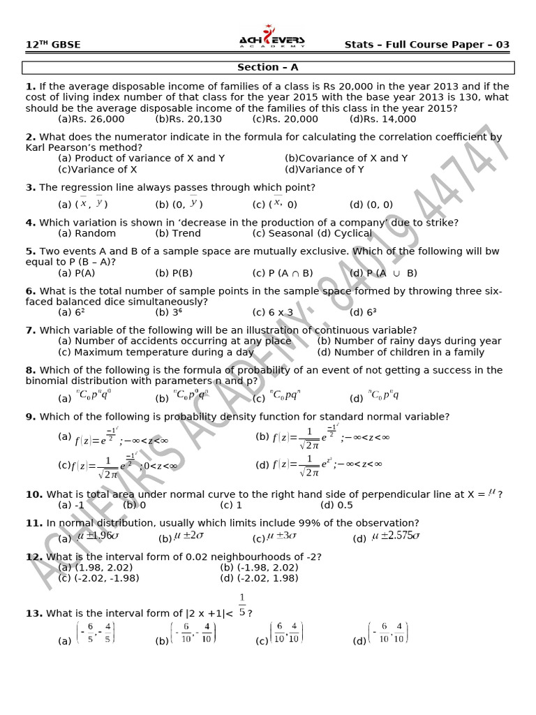 12th_Stats_Sample Paper - 03 | PDF | Cost Of Living | Probability ...