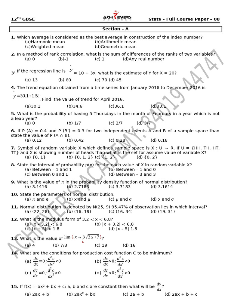 12th - Stats - Sample Paper - 08 | PDF | Normal Distribution ...
