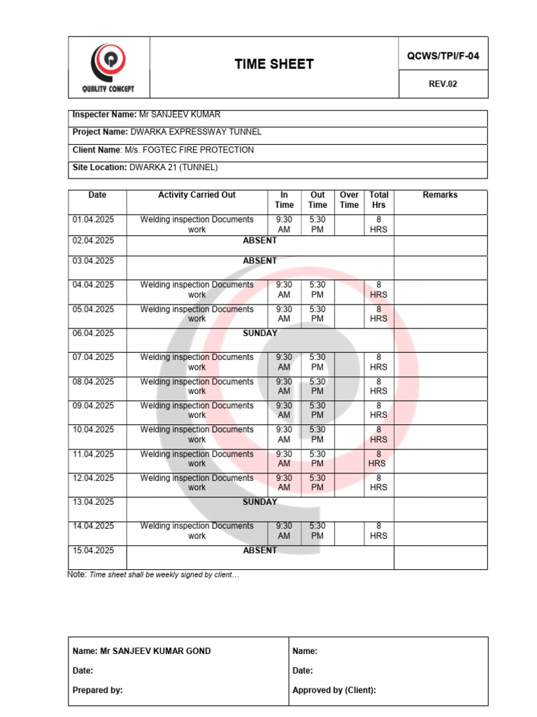 Time Sheet for Dwarka Tunnel Project | PDF