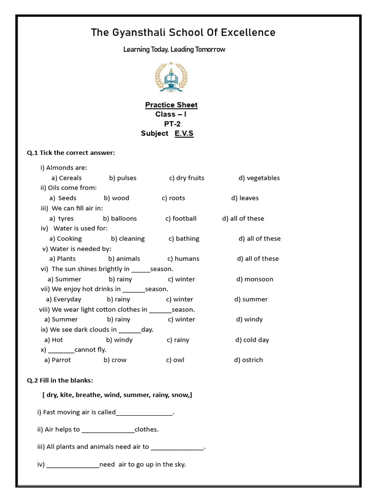 Class I E.V.S Practice Sheet | PDF