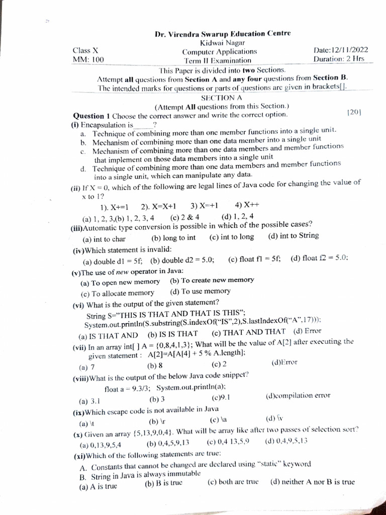 Class X Computer Applications Exam | PDF | Integer (Computer Science ...