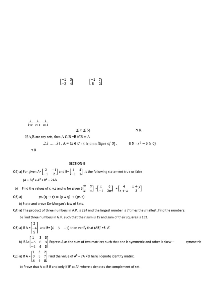 Mathematics Model Test Papers for BCA 1st Sem | PDF | Algebra ...