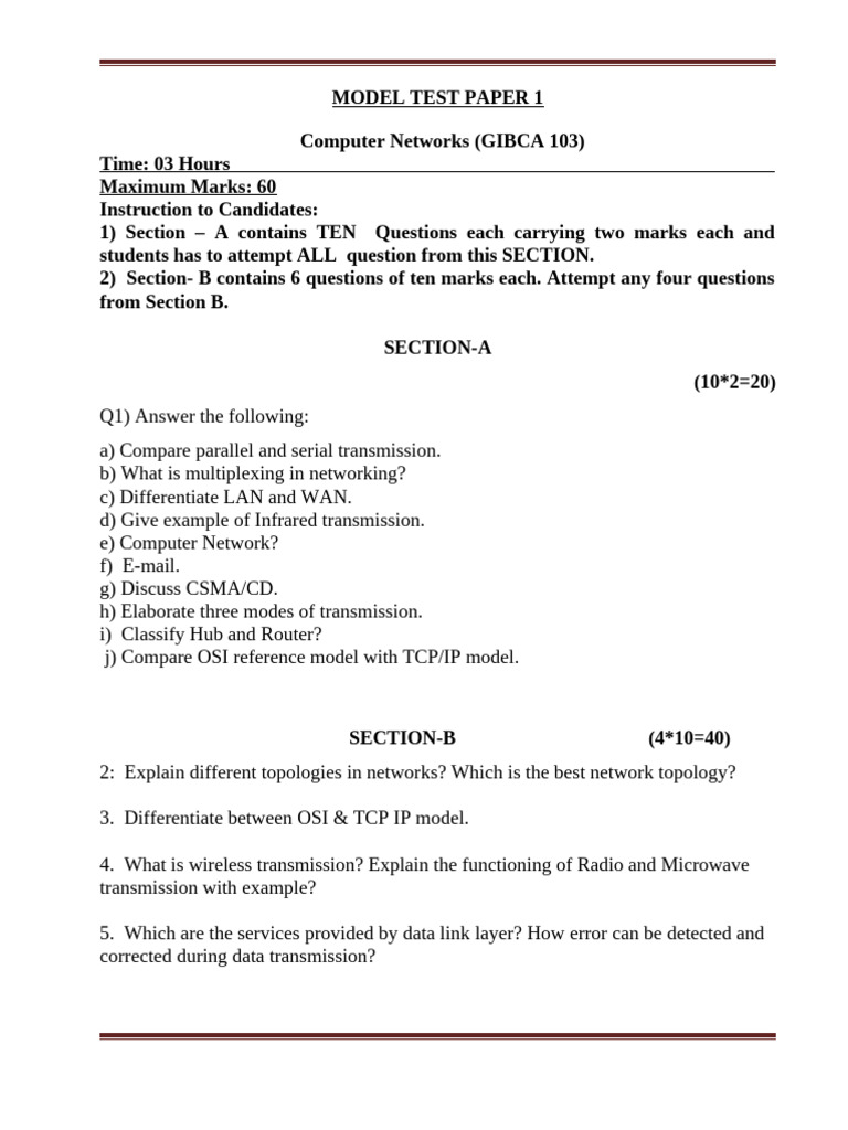 CN Model Test Paper | PDF | Computer Network | Network Topology