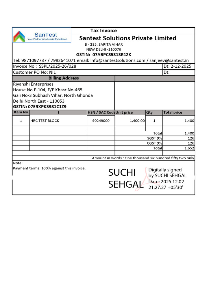 Invoice for HRC Test Block Purchase | PDF