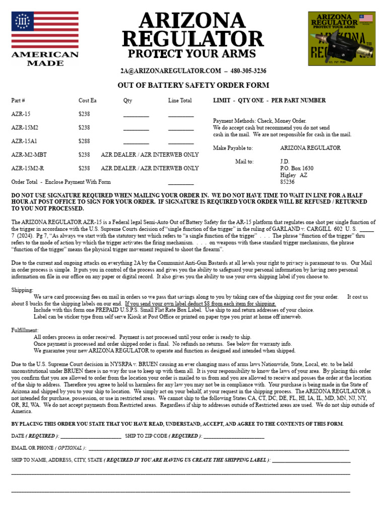 Arizona Regulator Order Form 251021 | PDF | Trigger (Firearms)