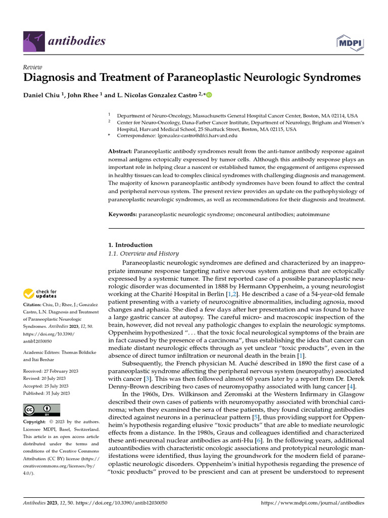 Diagnosis and Treatment of Paraneoplastic Neurologic Syndromes | PDF ...