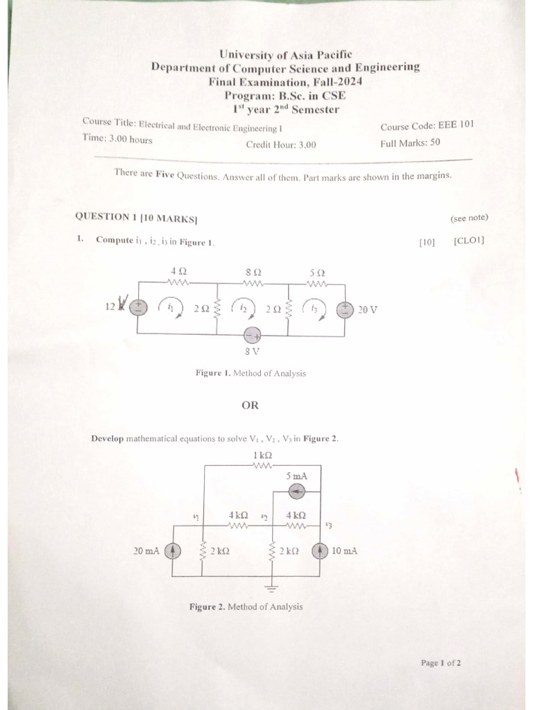 EEE 101 Final Previous Year Question | PDF