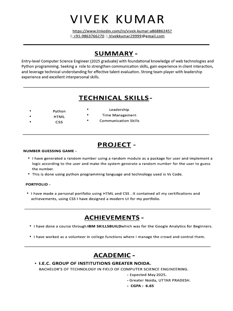 Entry-Level Computer Science Engineer Resume | PDF