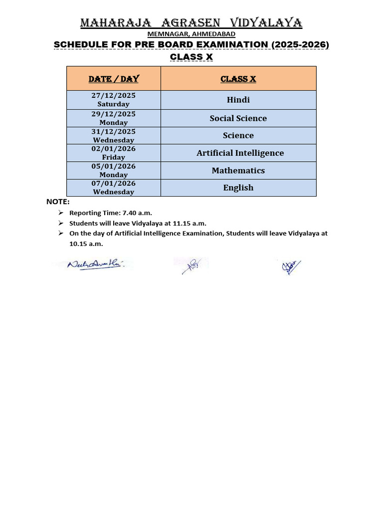 Pre Board Exam Schedule Class X 2025-26 | PDF