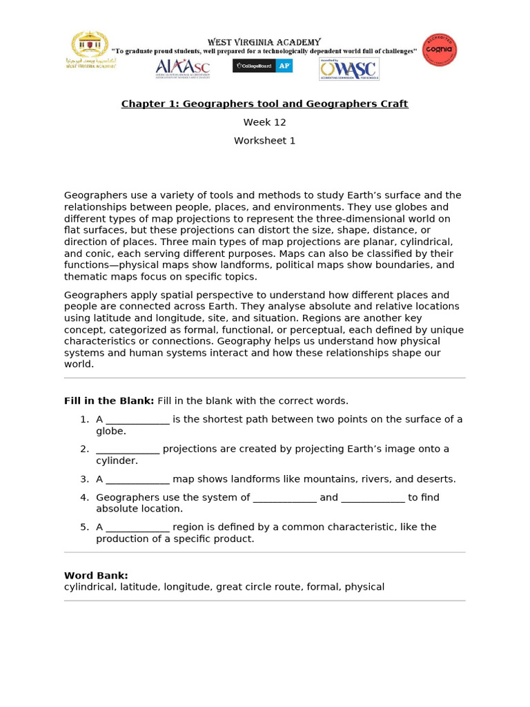 Chapter 1 - Geographers tool and Geographers craft worksheet | PDF ...