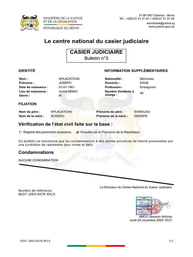 Bulletin n°3 du casier judiciaire de Kplacatcha | PDF | Justice | Crime ...