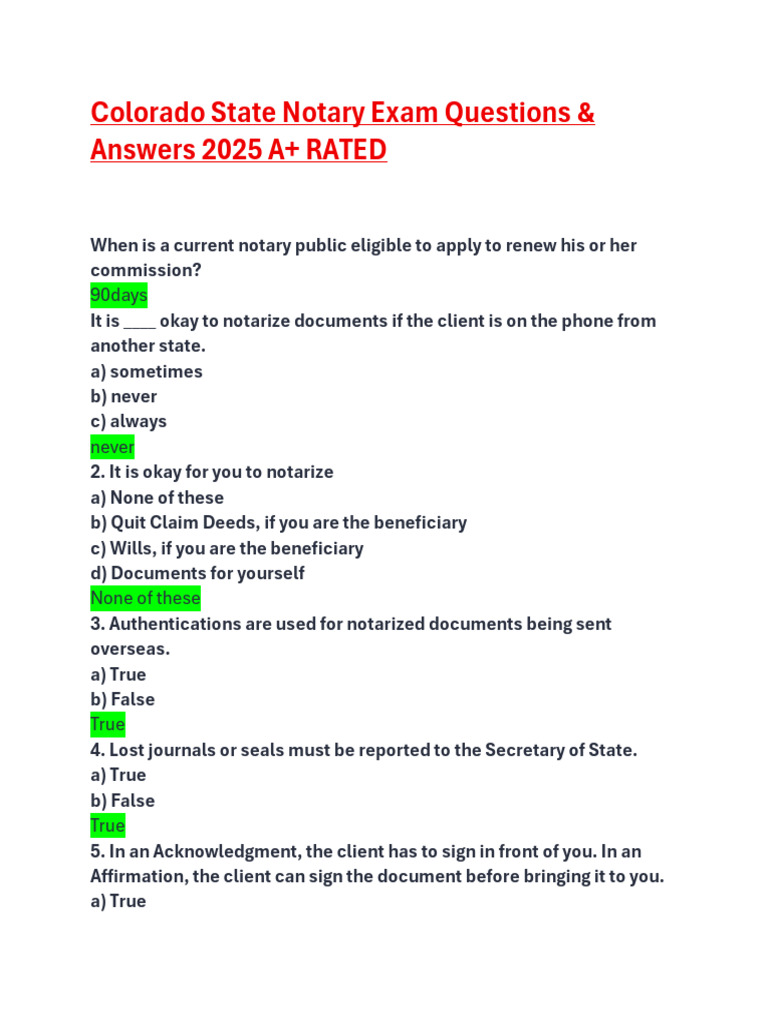 Colorado State Notary Exam Questions | PDF | Notary Public | Practice ...
