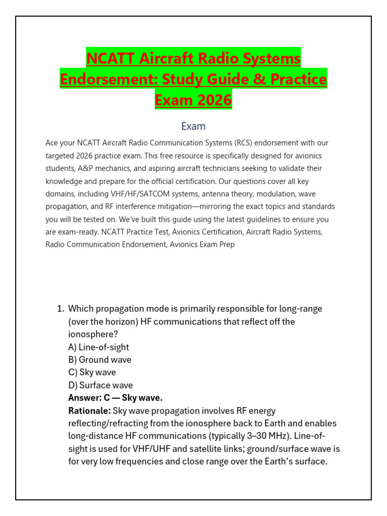 NCATT Aircraft Radio Systems Exam Guide | PDF | Antenna (Radio) | High ...