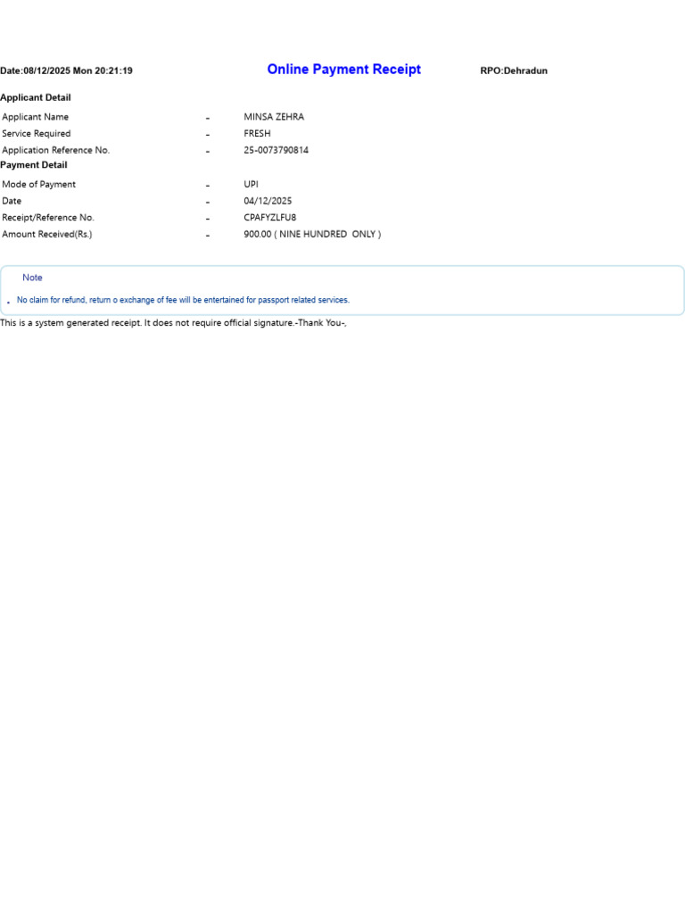 Online Payment Receipt for Passport Service | PDF
