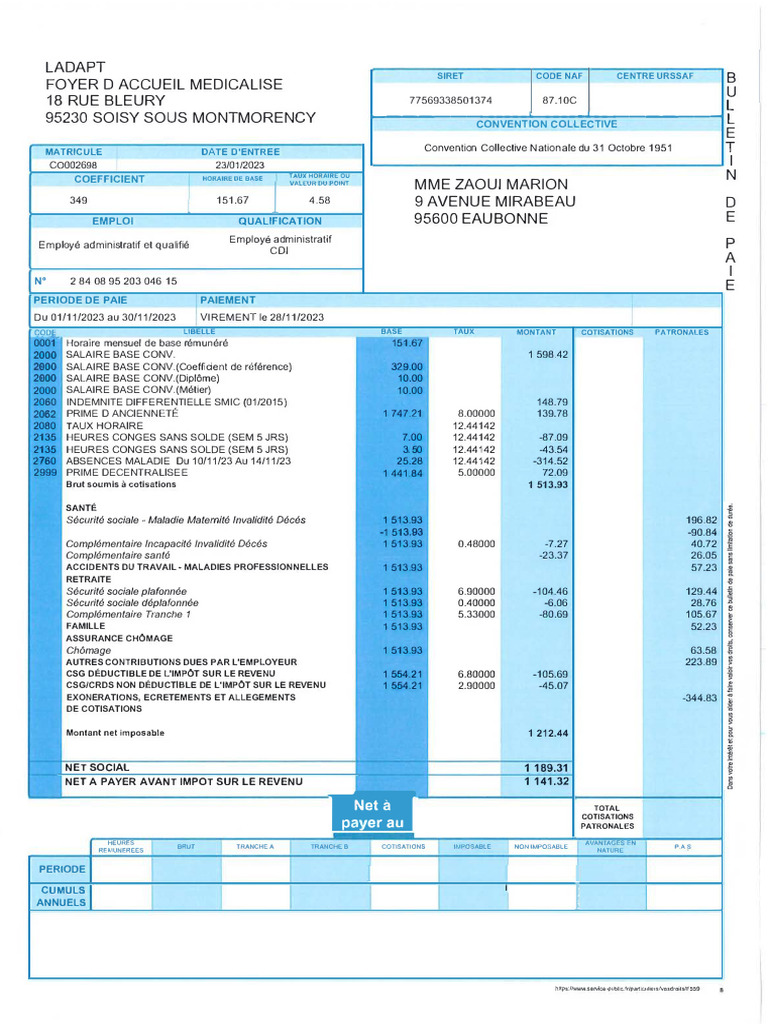 Fiche de paie LADAPT novembre 2023 | PDF | Impôt sur le revenu | Travail