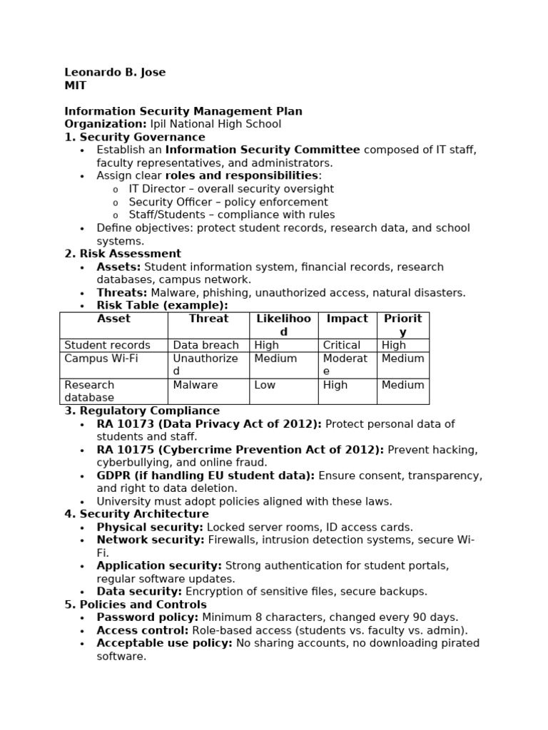 Information Security Management Plan-Final Requirement | PDF | Security ...