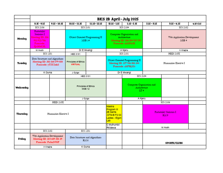 BICS 2B Class Schedule April-July 2025 | PDF
