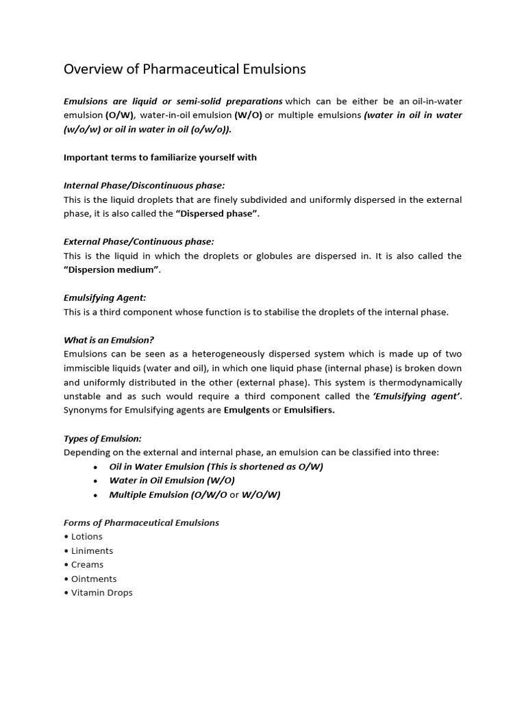 Overview of Pharmaceutical Emulsions | PDF | Emulsion | Surfactant