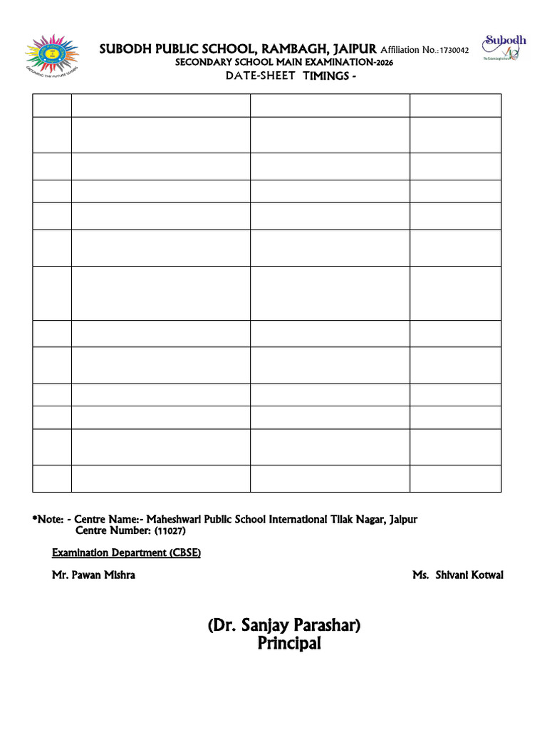 Subodh Public School Exam Date Sheet 2026 | PDF