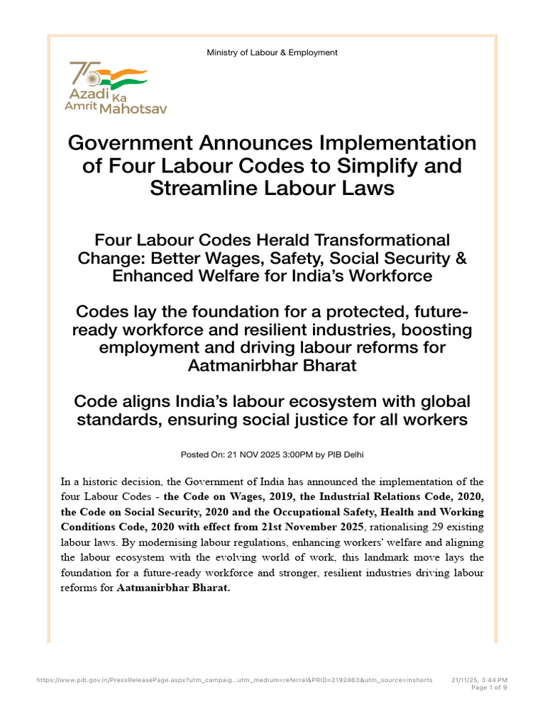 India Implements Four Labour Codes | PDF | Employment | Labour Law