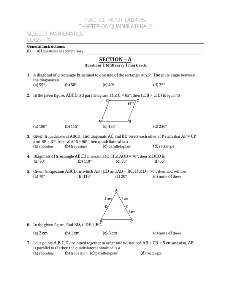 Quadrilaterals Practice Paper for Class IX | PDF | Rectangle ...
