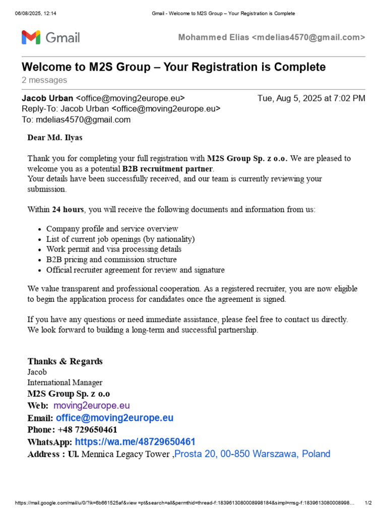 M2S Group Registration Confirmation Email | PDF | Gmail | Email