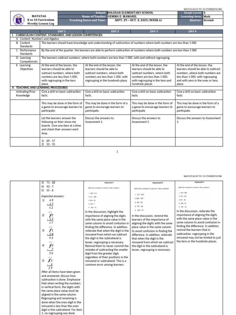 Grade 2 Math Subtraction Lesson Plan | PDF | Subtraction | Elementary ...
