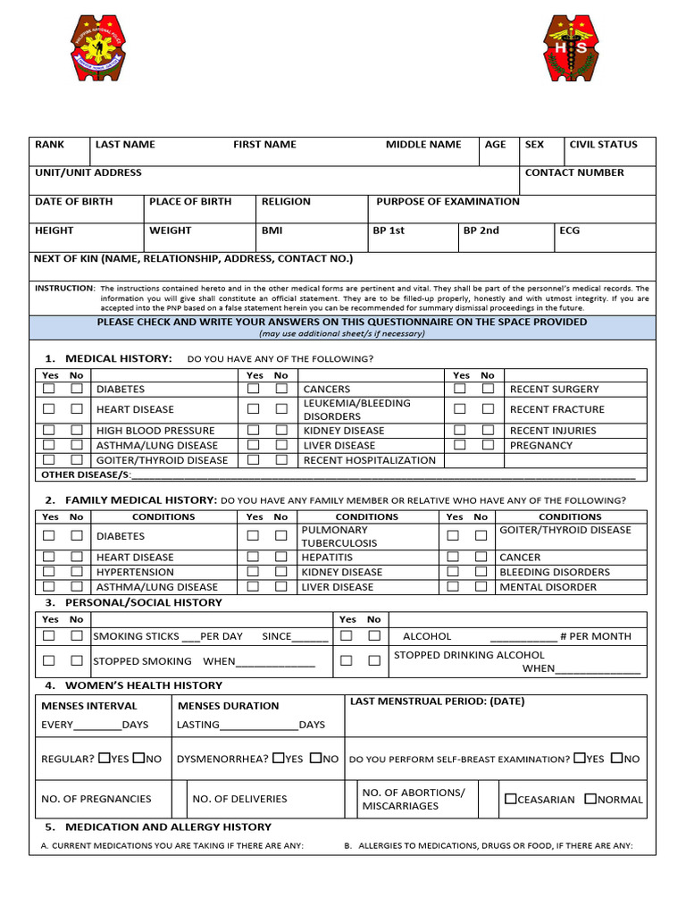 PNP Physical Fitness Test Medical Form | PDF | Menstruation ...