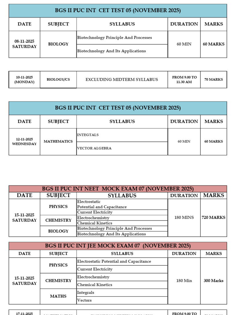 Bgs II Puc Int Competitive Timetable 2025 | PDF | Physics | Physical ...