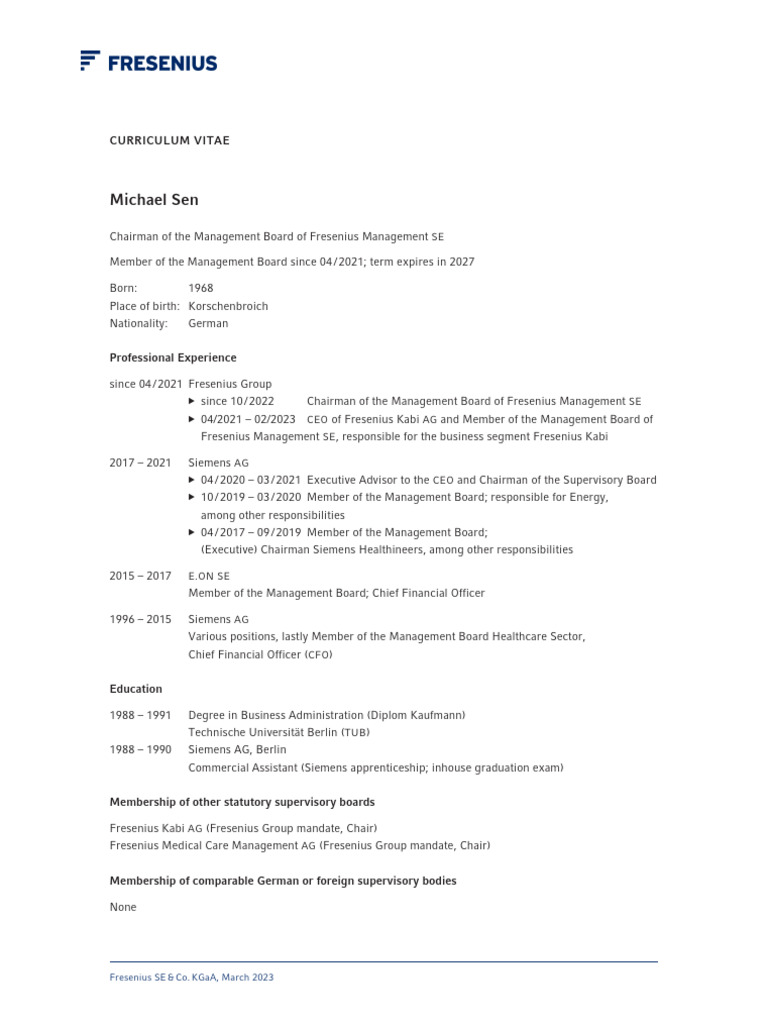 Fresenius CV Michael Sen March 2023 e | PDF