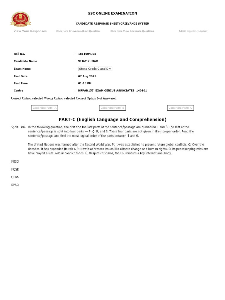 SSC Exam Candidate Response System | PDF