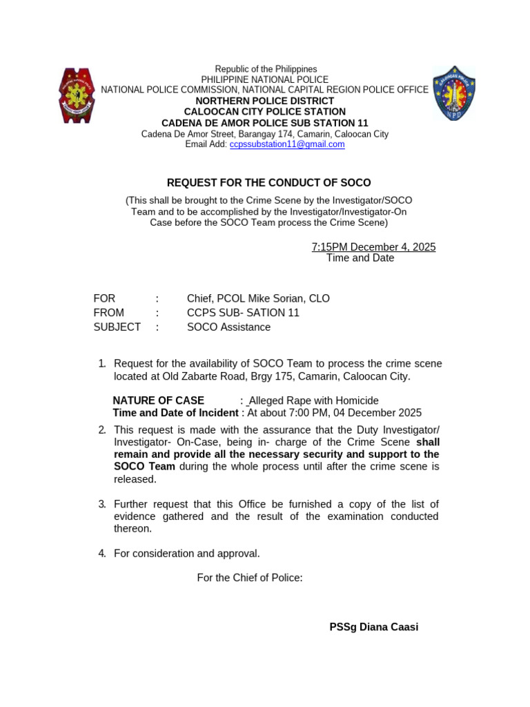 SOCO Request for Crime Scene Processing | PDF