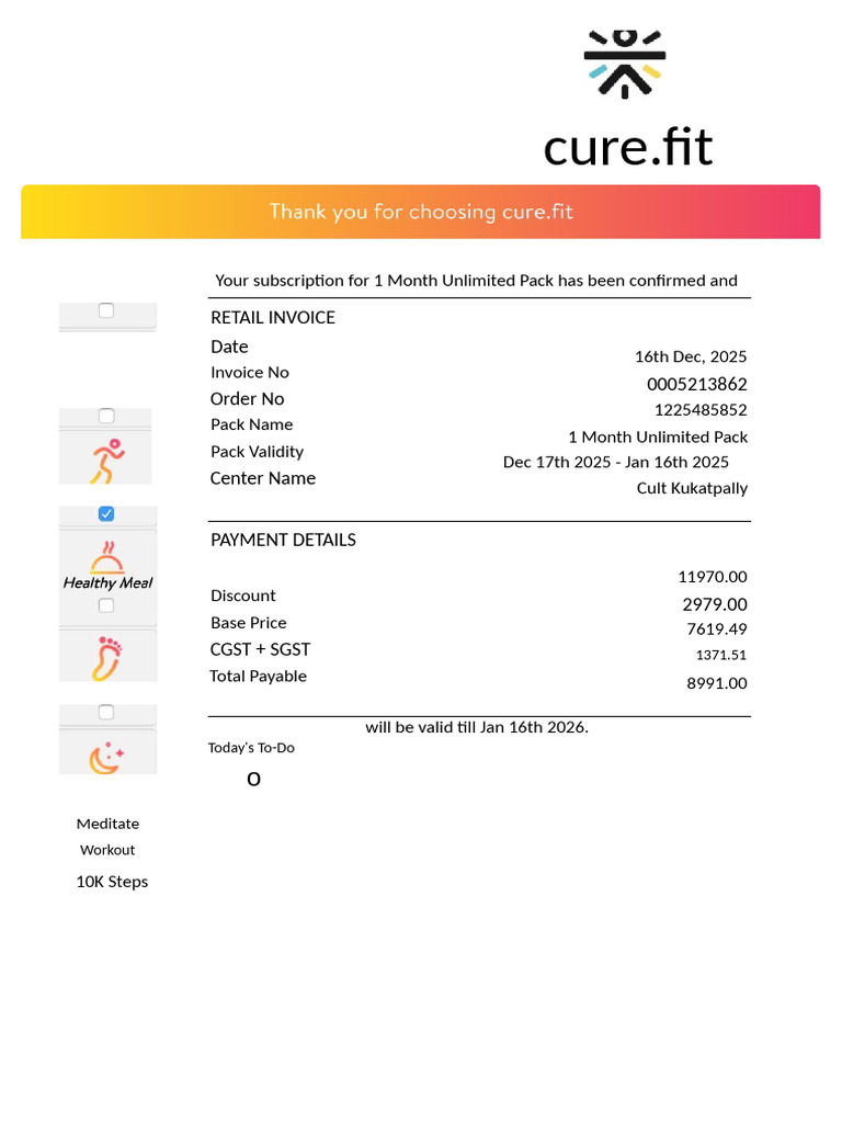 Cure.fit 1 Month Unlimited Pack Invoice | PDF