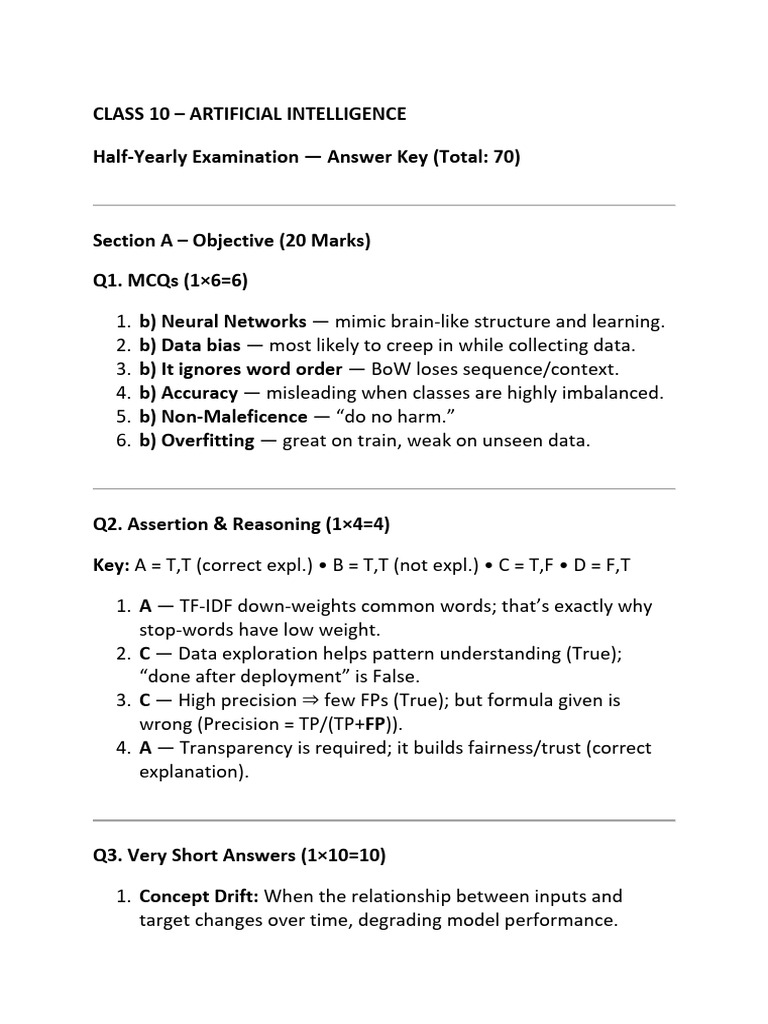 Class 10 AI Half-Yearly Exam Answer Key | PDF | Artificial Intelligence ...
