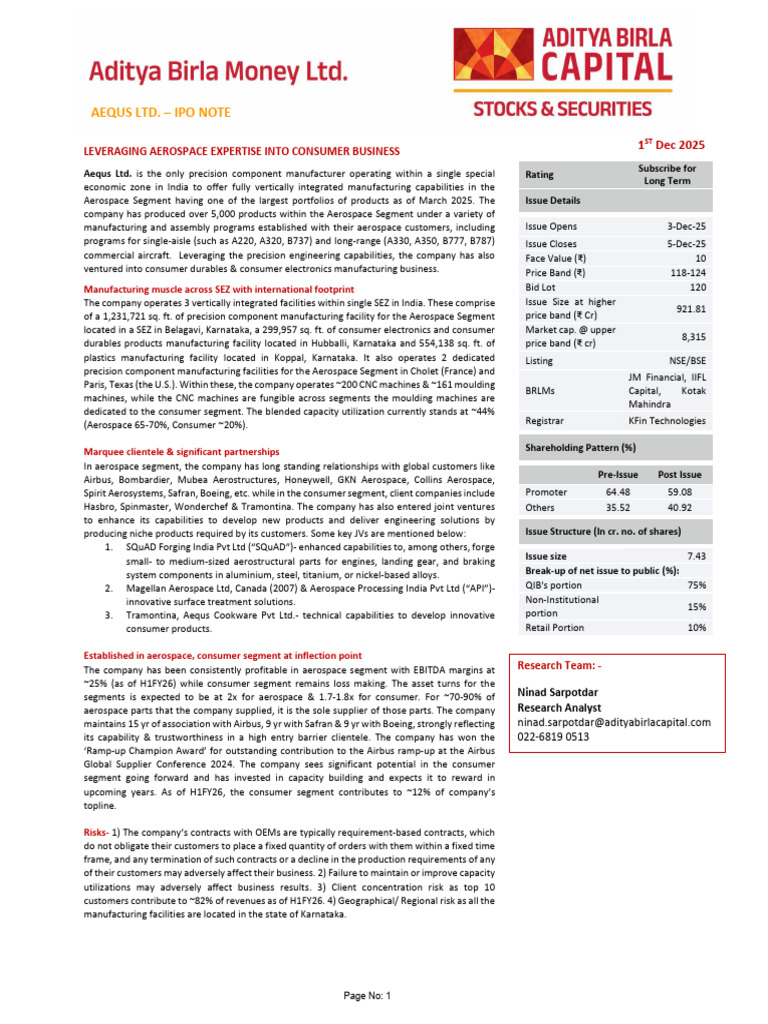 Microsoft Word - Aequs IPO Note | PDF | Securities (Finance) | Investing
