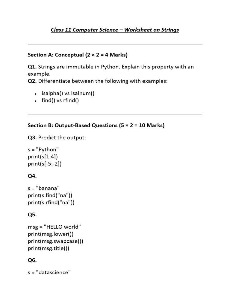 Class 11 Python Strings Worksheet | PDF