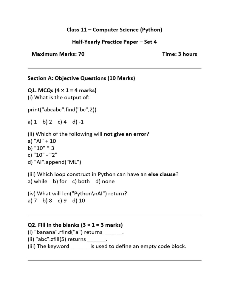 Class 11 Hy Mock Test Set 5 | PDF | String (Computer Science) | Object ...