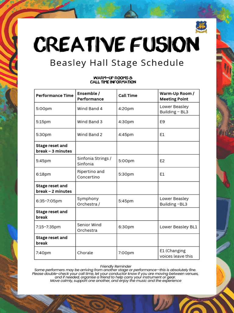 Beasley Hall Creative Fusion Warm Up and Call Times Final | PDF
