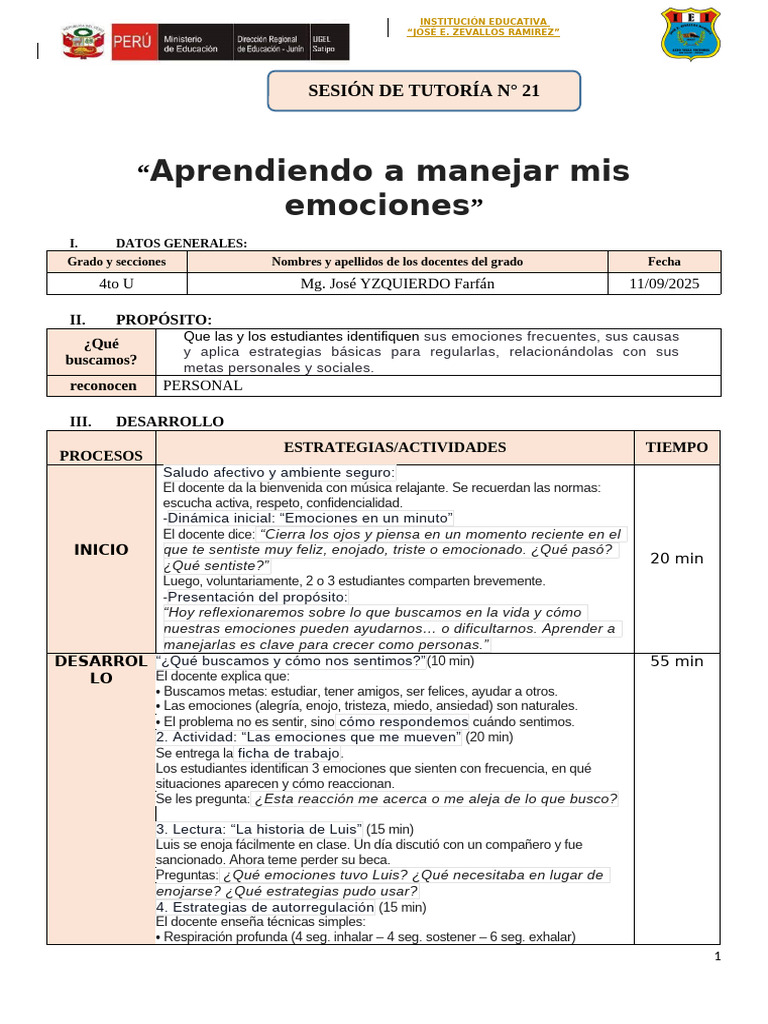 Manejo de Emociones en Estudiantes 4to U | PDF | Las emociones ...