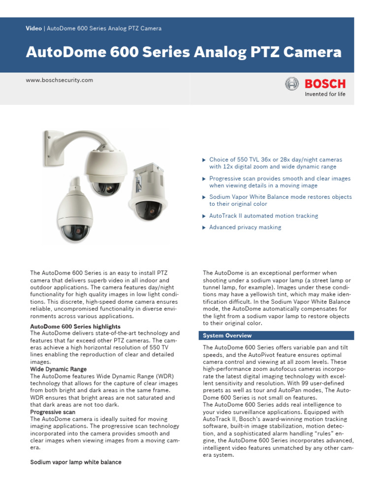 AutoDome 600 Series PTZ Camera Features | PDF | Camera | Image ...