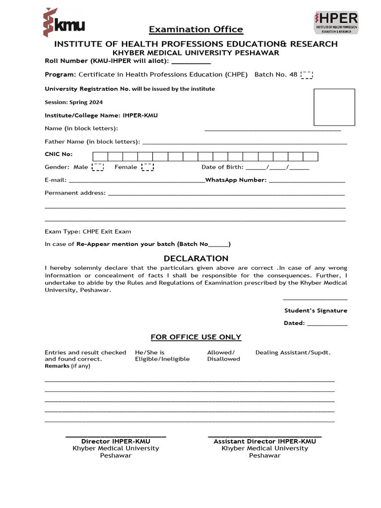CHPE Exit Exam Registration Form | PDF