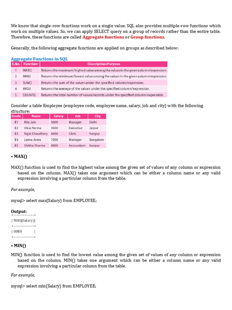 SQL Aggregate Functions Explained | PDF | Parameter (Computer ...