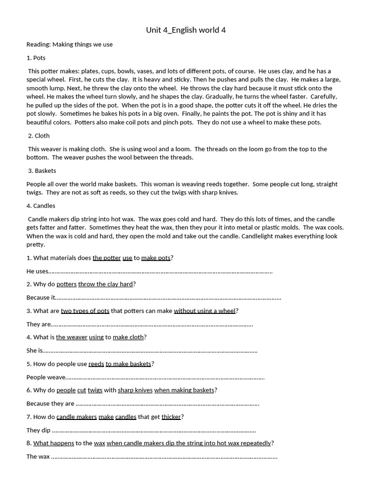 Unit 4 - English World 4 - Reading | PDF | Weaving | Loom