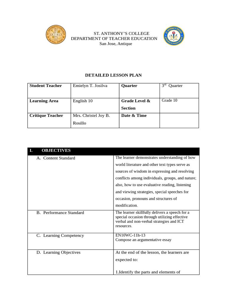 Argumentative Essay Lesson Plan for Grade 10 | PDF | Essays | Argument