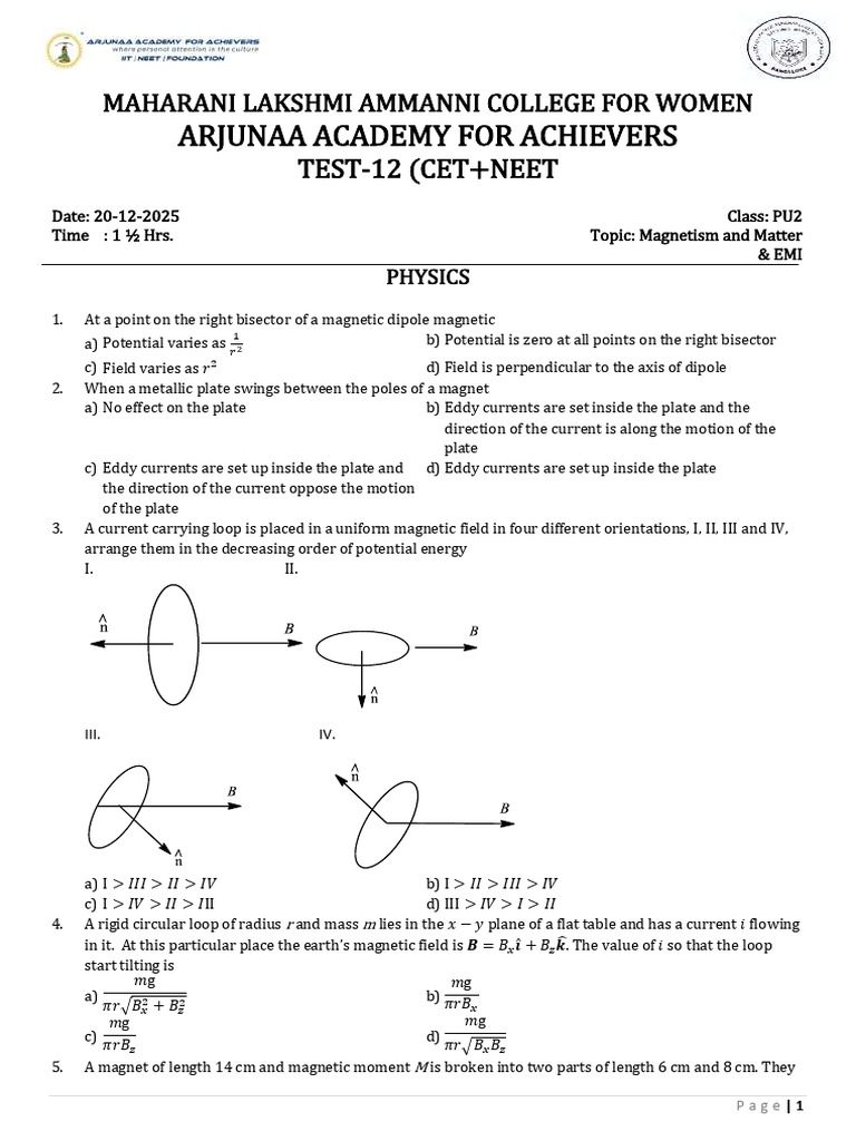 Magnetism and EMI Test Paper | PDF | Magnet | Magnetism