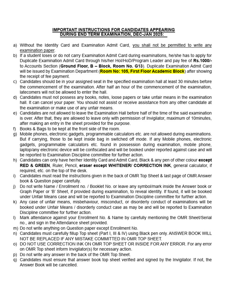 Important Instructions For Candidates - Dec-Jan 2025 | PDF