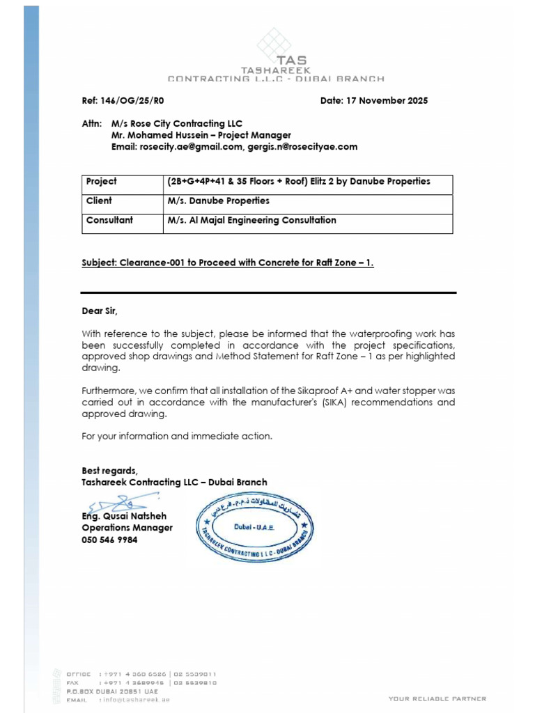 Letter Ref 146 Clearance-001 To Proceed With Concrete For Raft Zone - 1 ...