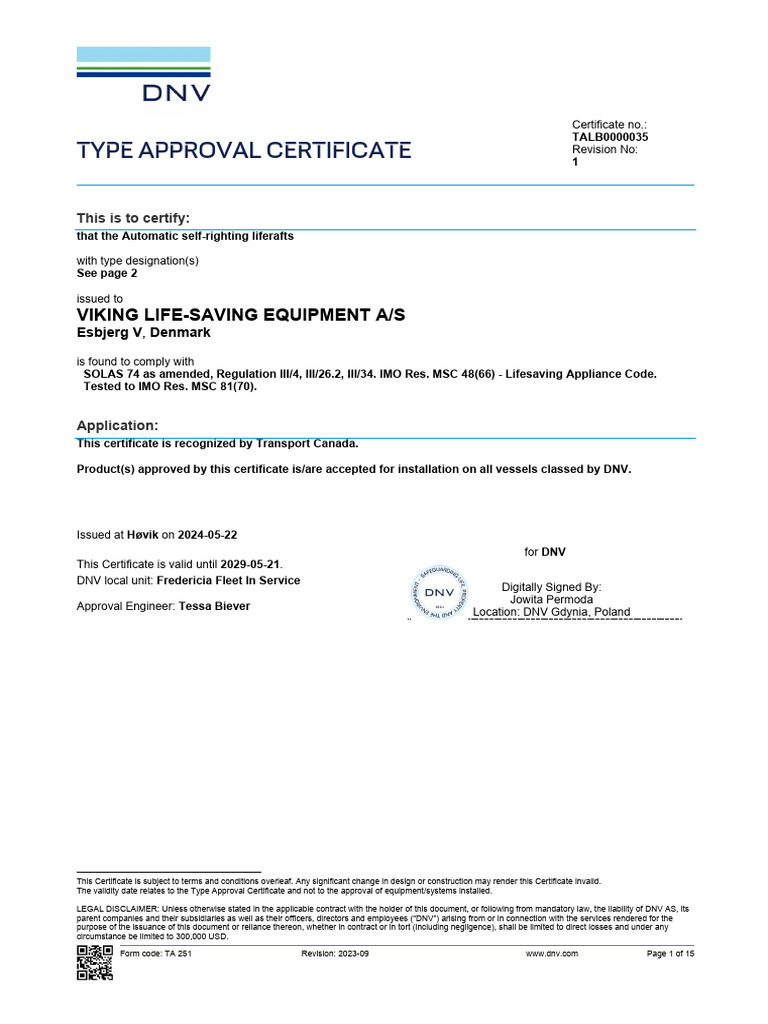 Type Approval Certificate for Liferafts | PDF