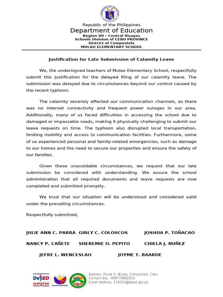 Justification for Late Calamity Leave Submission | PDF